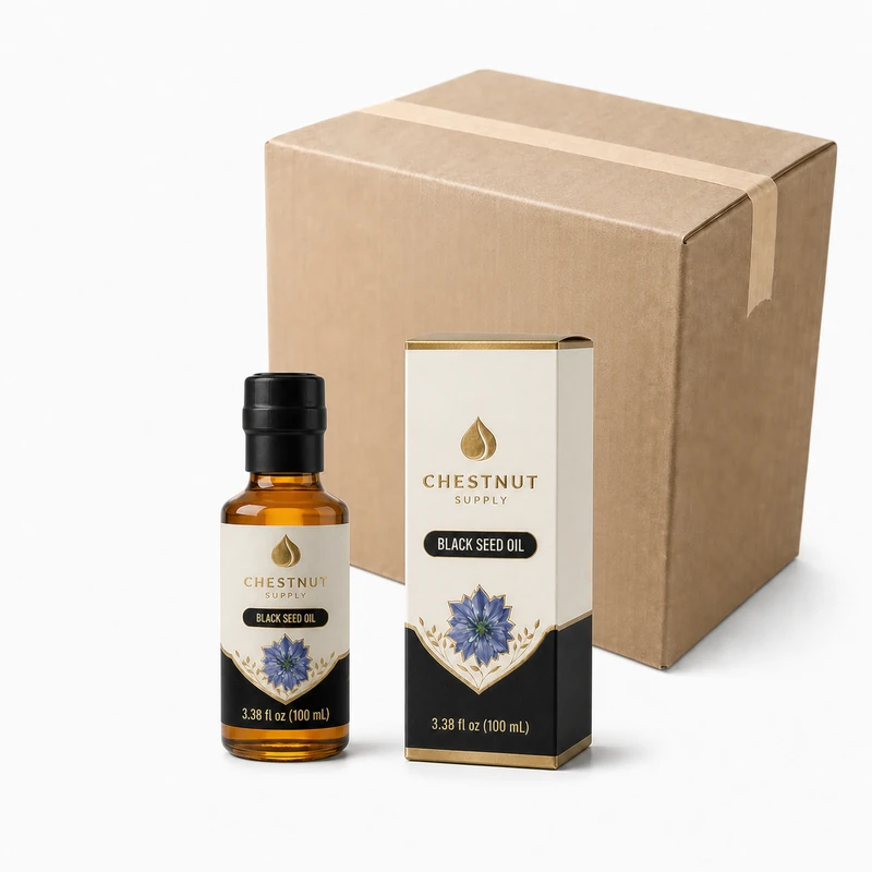 Cold-pressed black seed oil — 100 ml bottle with retail box and wholesale carton